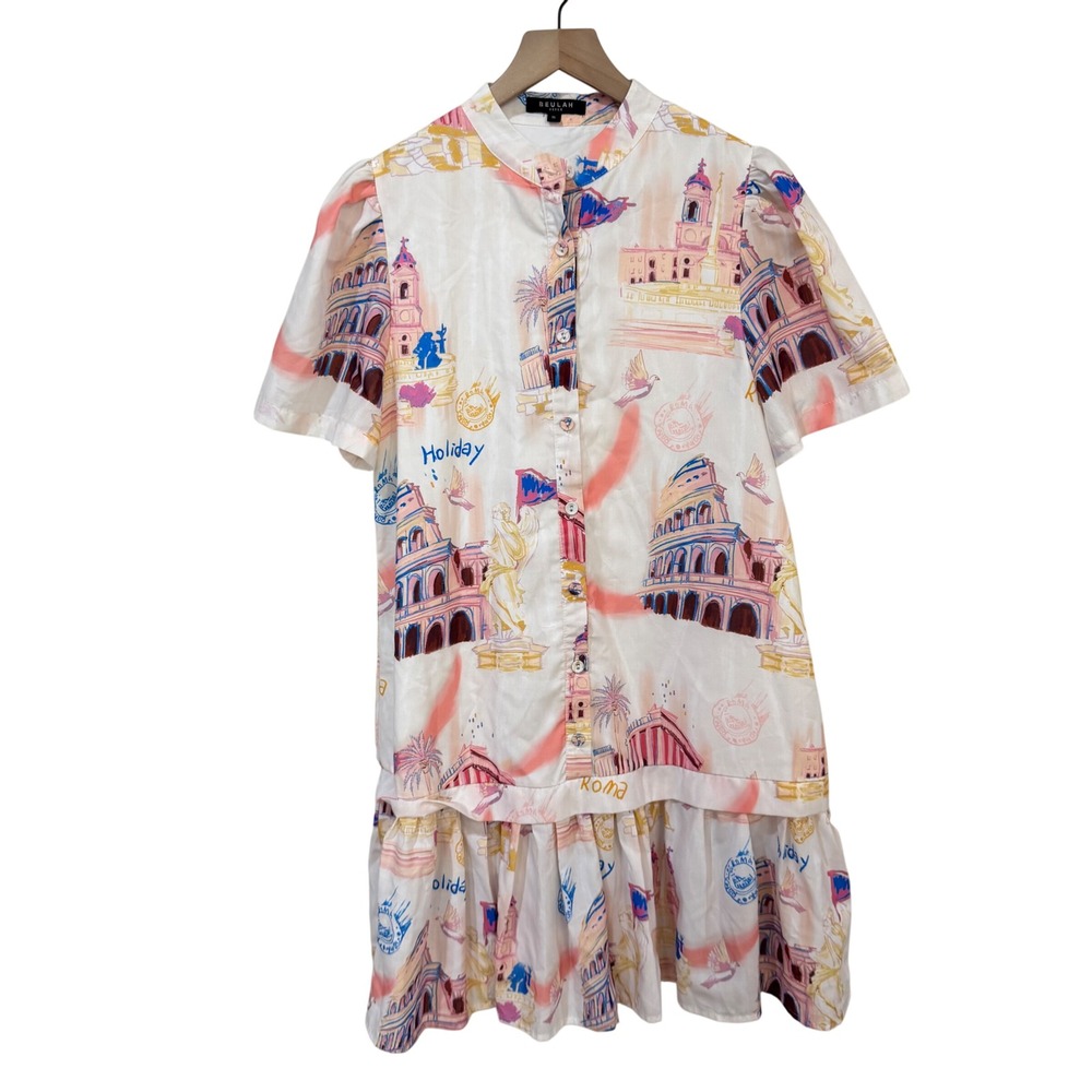 Beulah Roma Holiday Mini Dress Small White Pink Blue Italian Print Ruffle Hem
